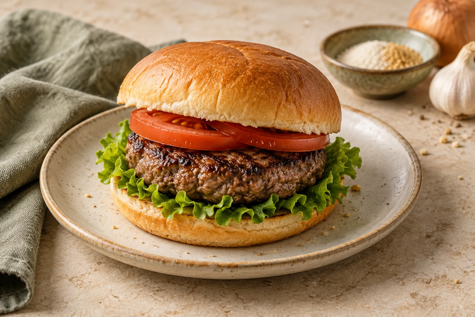 Soğan tozlu burger harcı için oluşturulmuş temsili yemek görseli